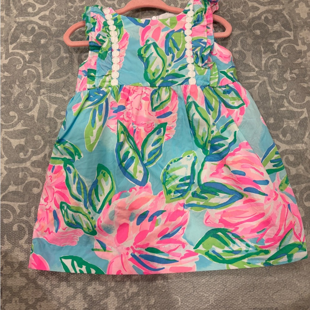 Lilly Pulitzer Kids Dress in Aqua and Pink Leafy Print